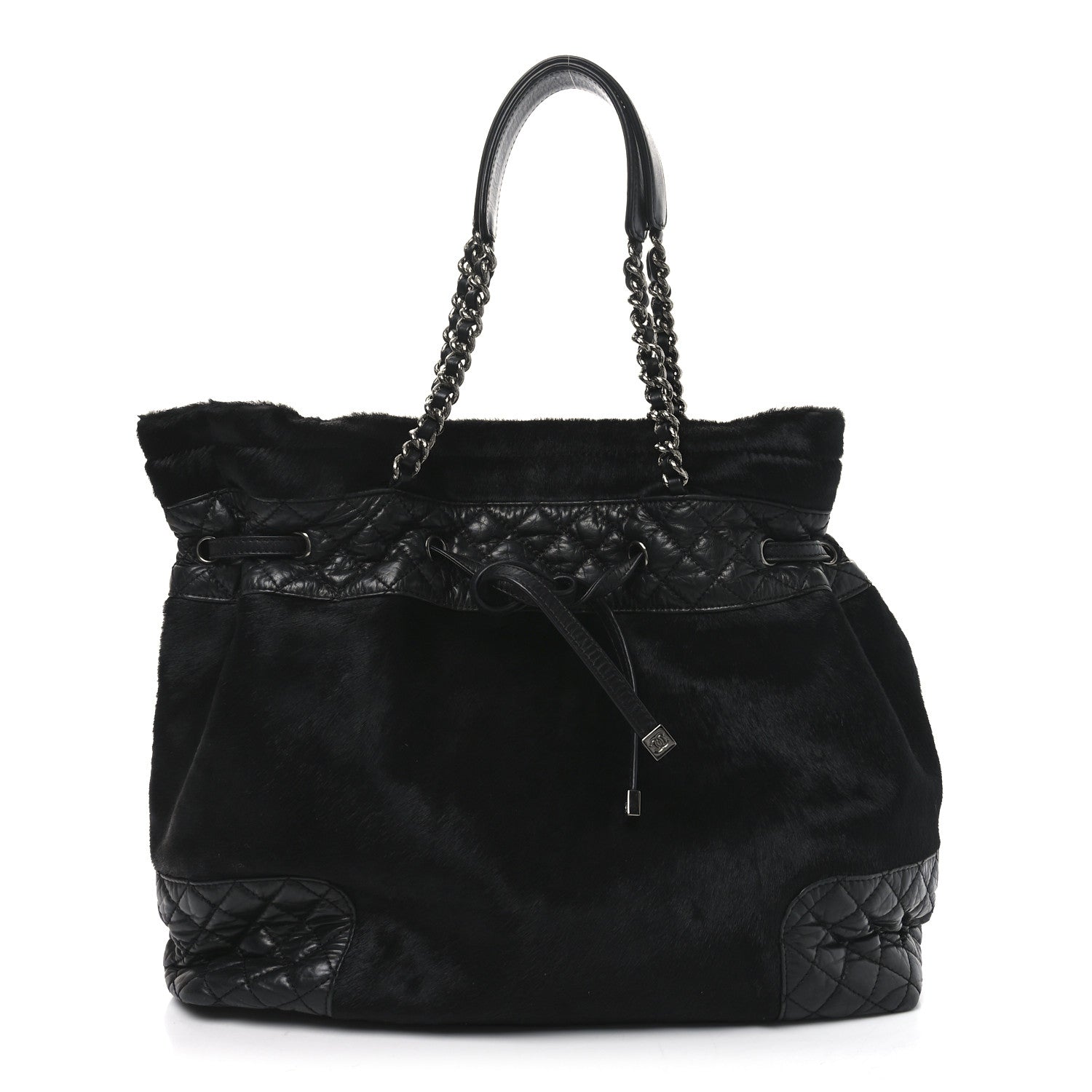 Chanel Aged Calfskin Pony Hair Quilted Miss Pony Drawstring Tote Black 1 of 11