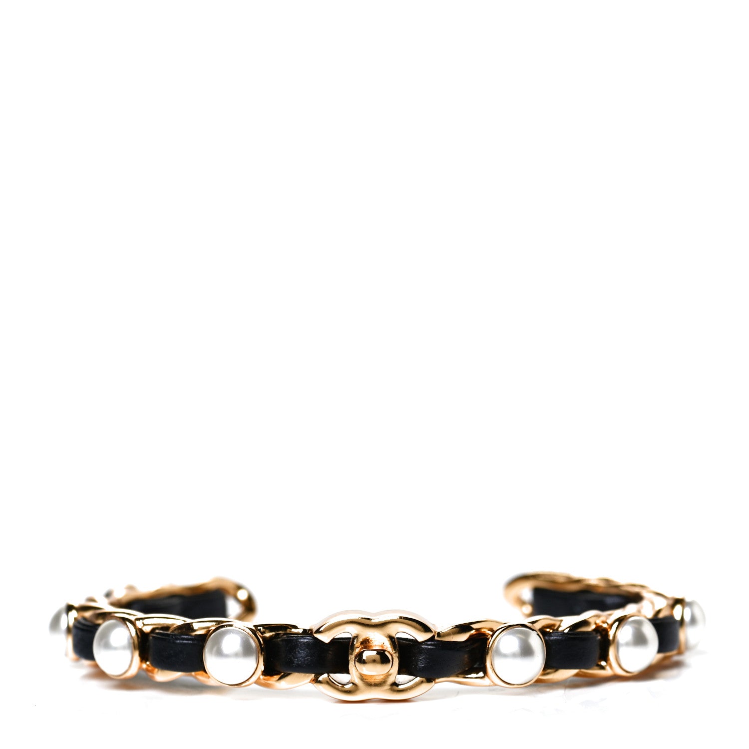 Chanel Lambskin Pearl CC Cuff Bracelet Black Gold 1 of 3