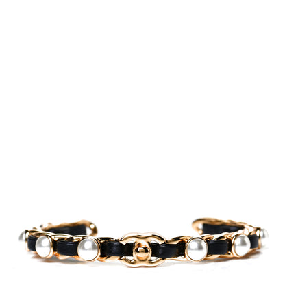 Chanel Lambskin Pearl CC Cuff Bracelet Black Gold 1 of 3