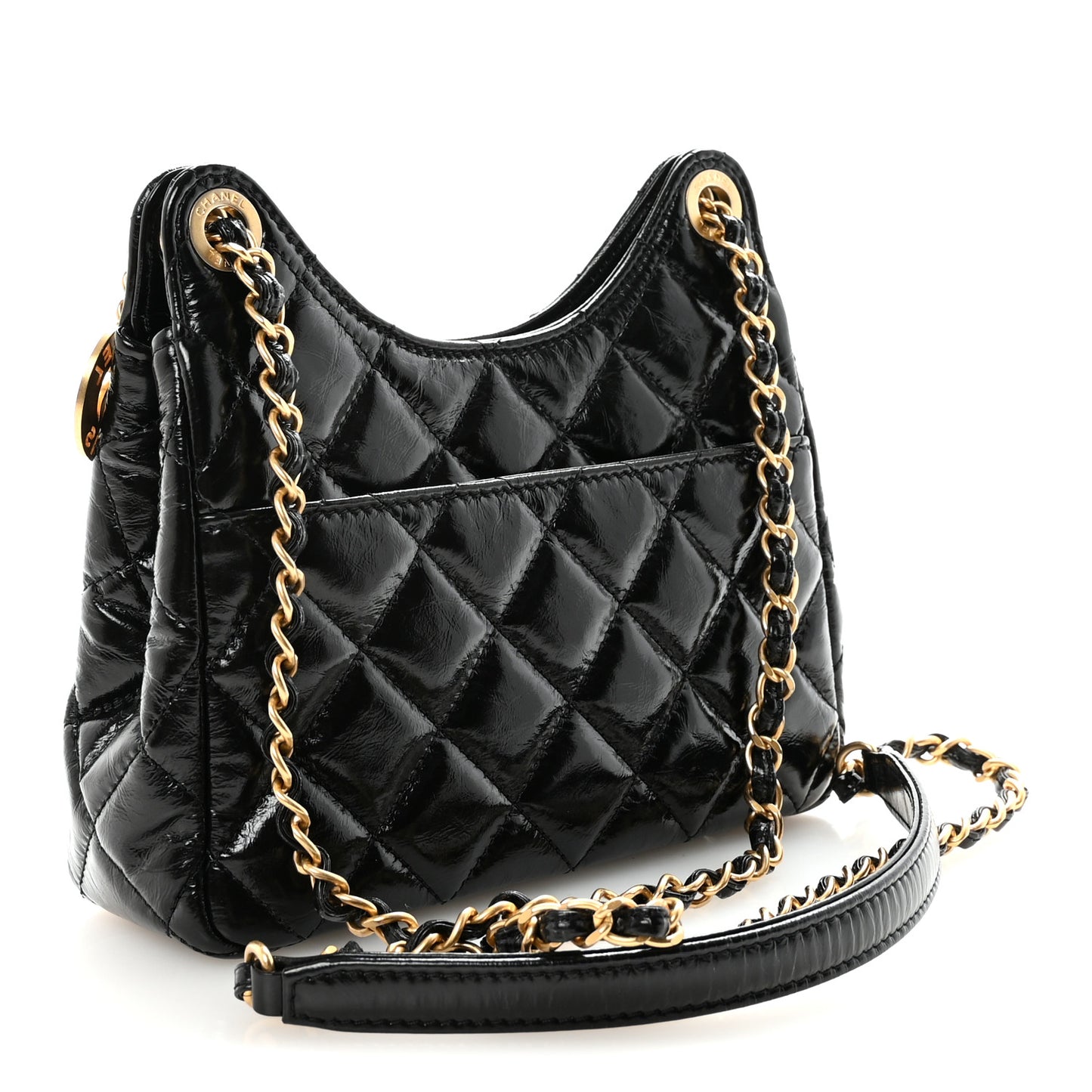 Shiny Crumpled Calfskin Quilted Small Wavy CC Hobo Black