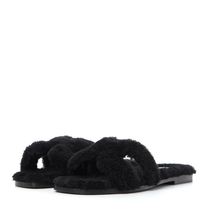 Hermes Woolskin Oran Sandals 37 Black 3 of 8