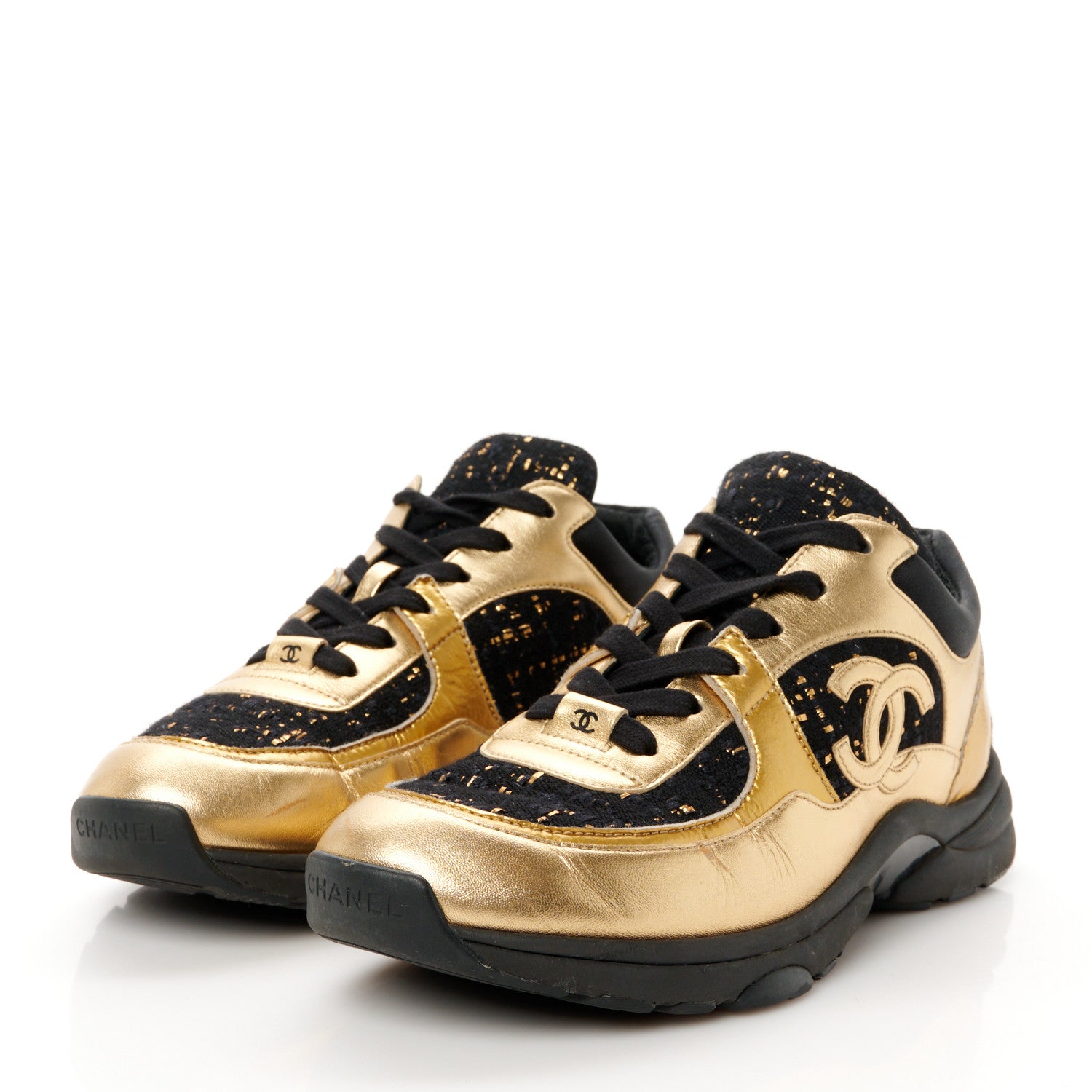 Chanel Satin Lambskin Fabric Tweed CC Sneakers 40 Gold Black 4 of 9