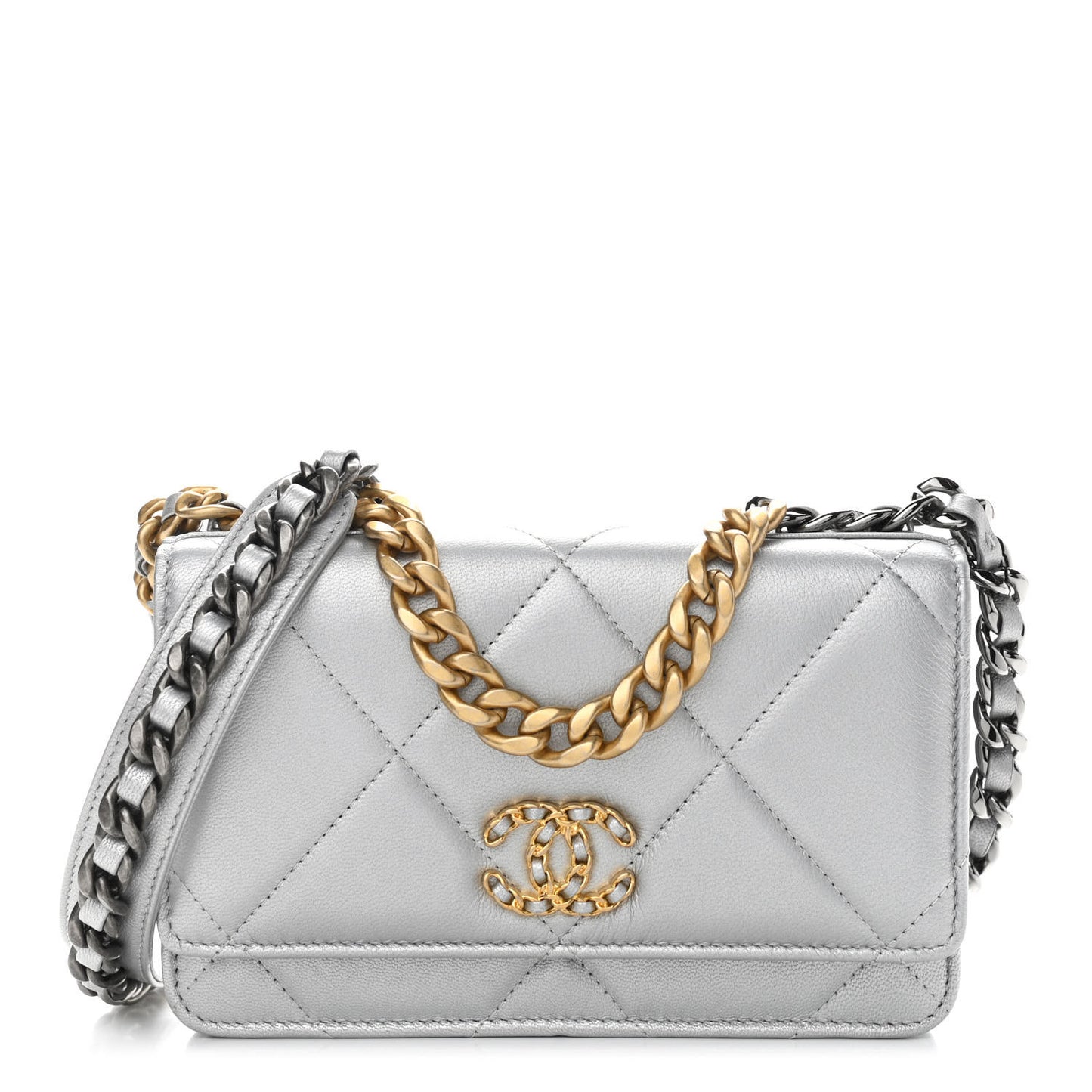 Metallic Lambskin Quilted Chanel 19 Wallet On Chain WOC Silver