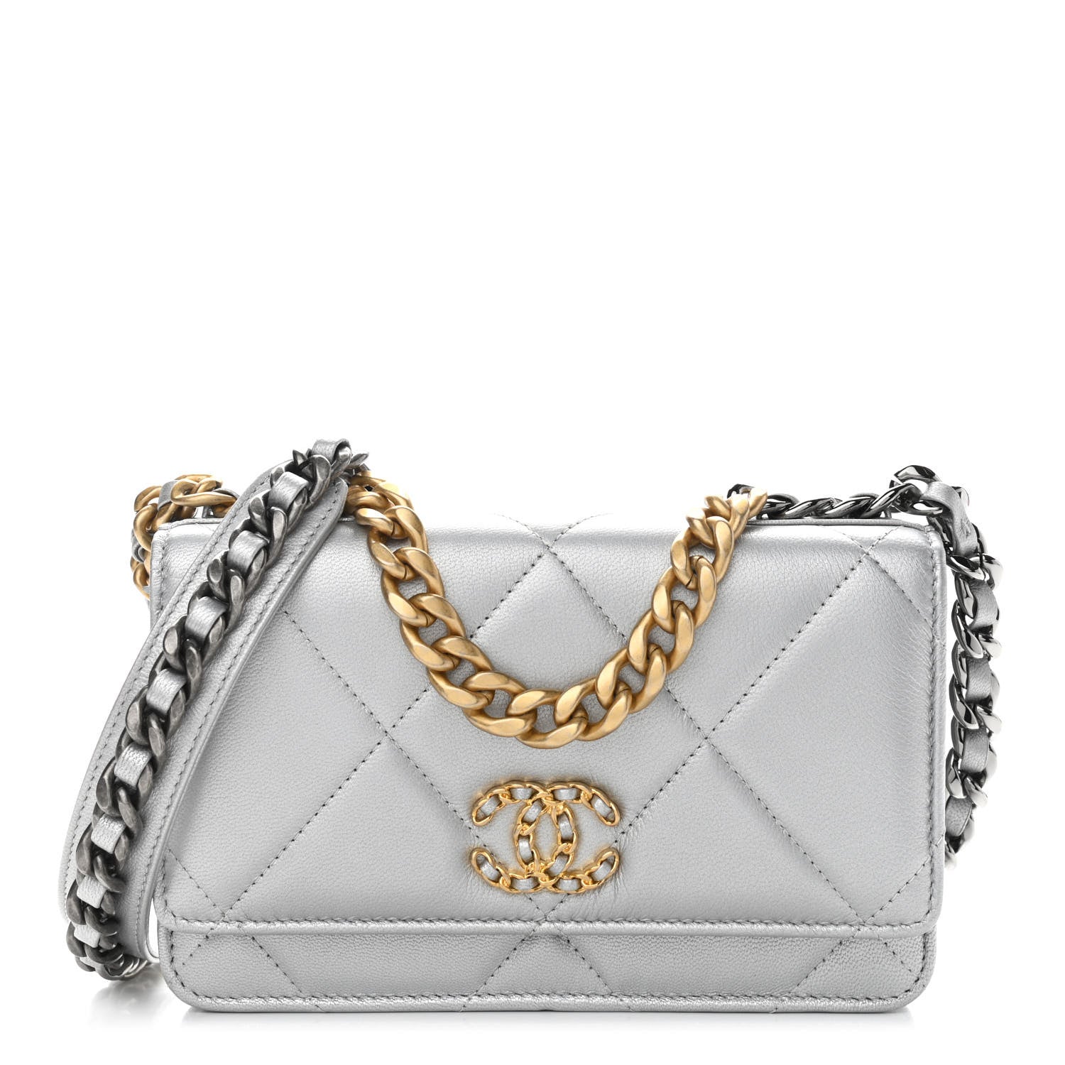 Chanel Metallic Lambskin Quilted Chanel 19 Wallet On Chain WOC Silver 1 of 12