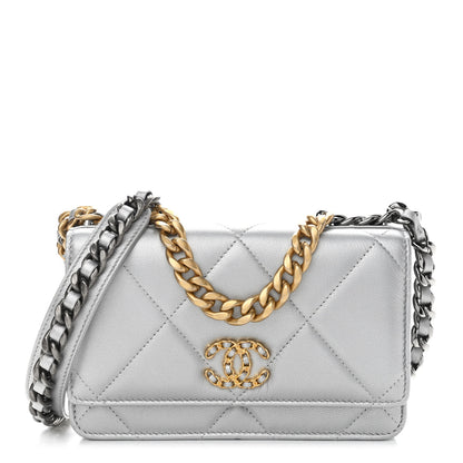 Chanel Metallic Lambskin Quilted Chanel 19 Wallet On Chain WOC Silver 1 of 12