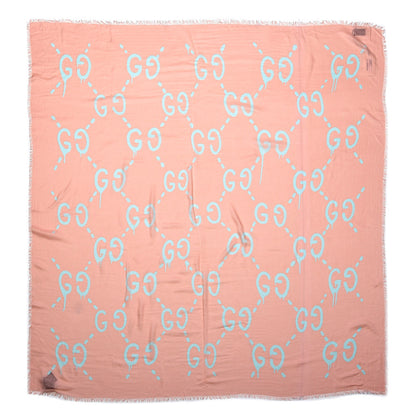 Gucci Modal Silk GG Writers Fringe Shawl Old Rose Sky Blue 1 of 3
