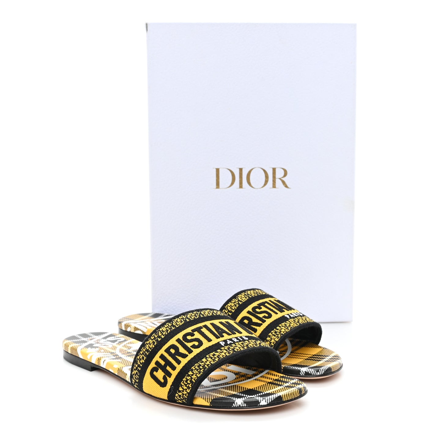 Canvas Union Check Embroidered Dway Flat Slide Sandals 38.5 Black Yellow
