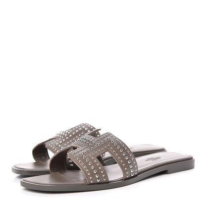 Hermes Calfskin Studded Oran Sandals 38 Gris Galet 3 of 9