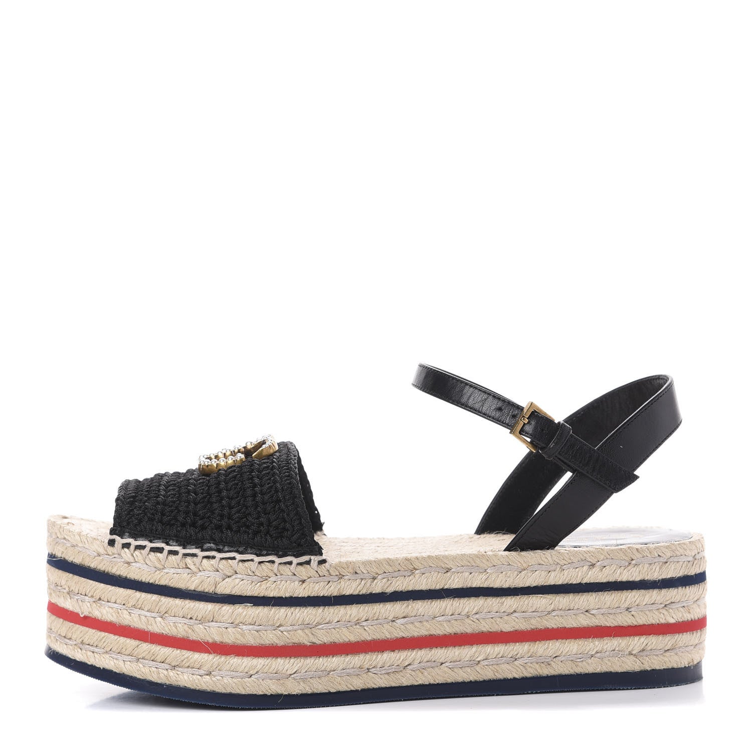 Gucci Cotton Malaga Kid Crochet Pearly GG Lilibeth Espadrille Platform Sandals 38 Black 1 of 14