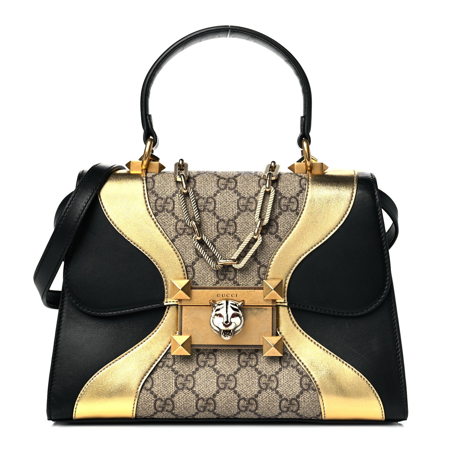 Gucci GG Supreme Monogram Small Osiride Top Handle Bag Black Gold 1 of 14