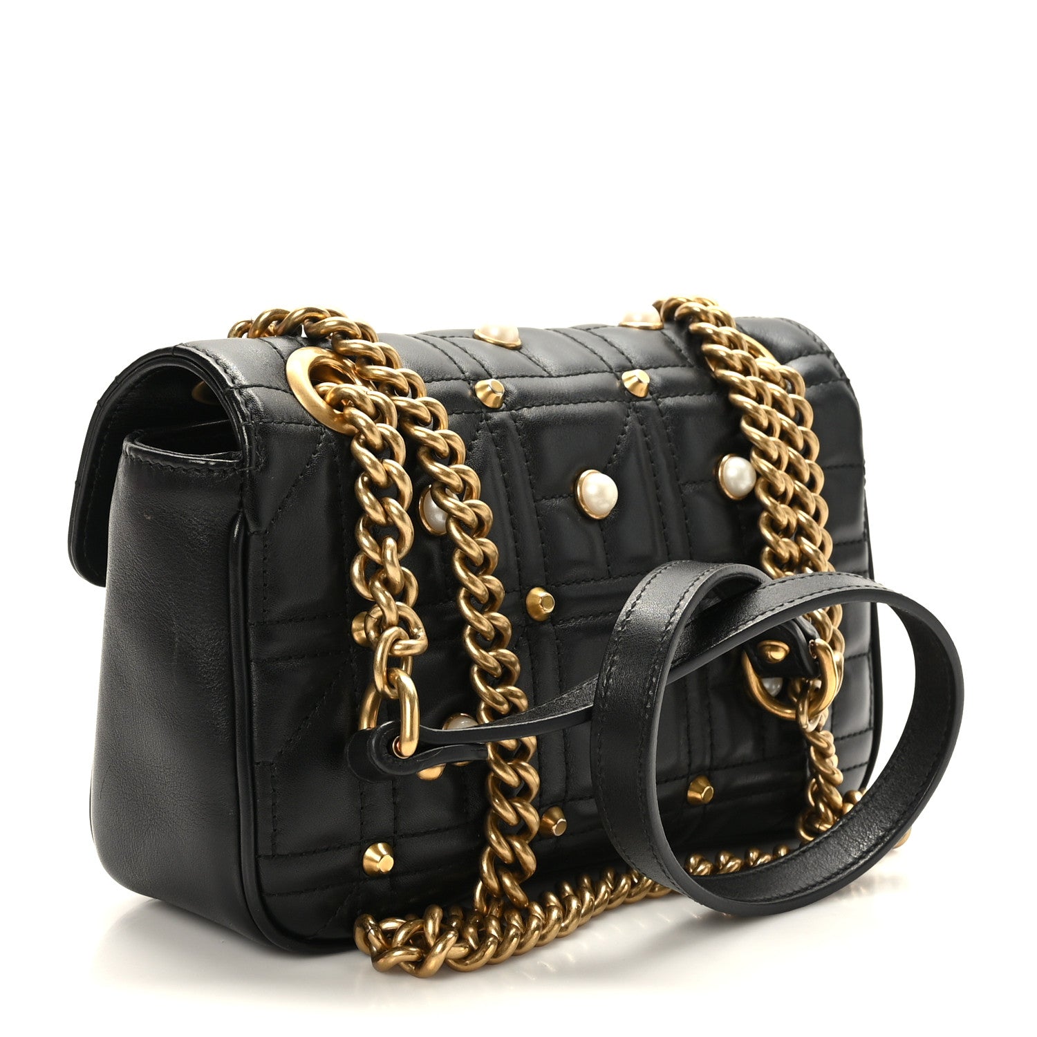 Gucci Calfskin Matelasse Studded Mini Pearly GG Marmont Shoulder Bag Black 3 of 10