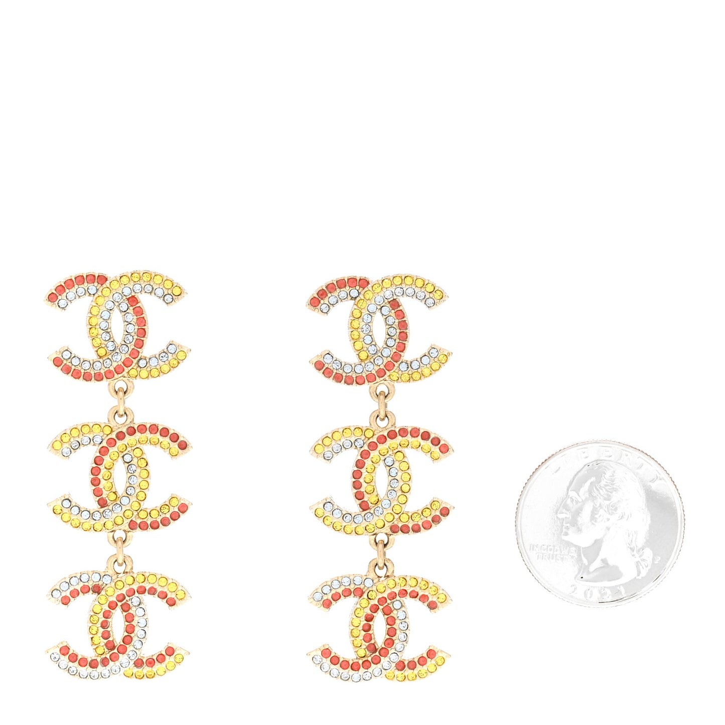 Metal Crystal CC Triple Drop Earrings Gold Multicolor