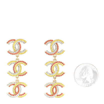 Chanel Metal Crystal CC Triple Drop Earrings Gold Multicolor 2 of 5