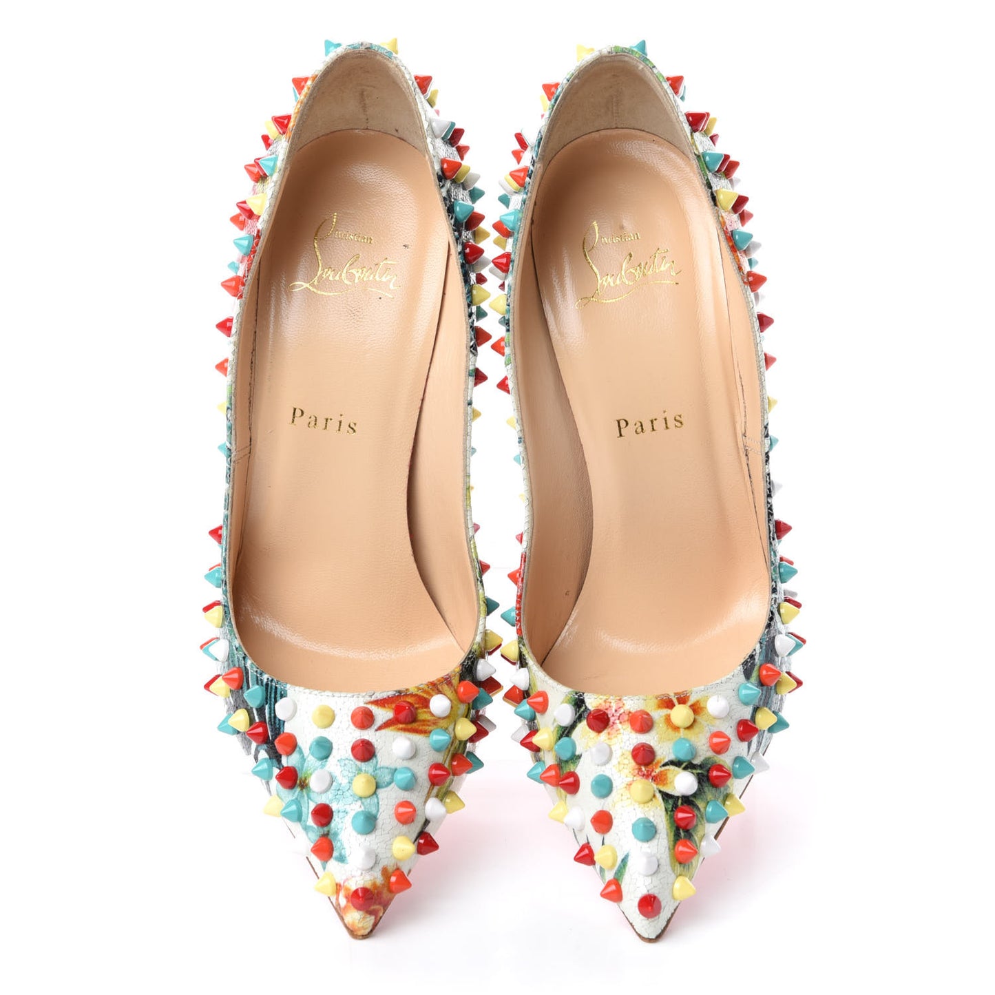 Crackled Calfskin Hawaiian Print Follies Spikes 120 Pumps 38.5 White Multi