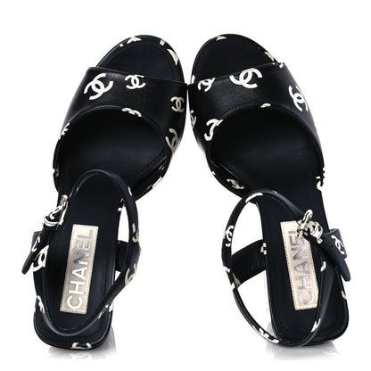 Chanel Printed Lambskin Coco Beach Platform Sandals 39 Black White 2 of 13