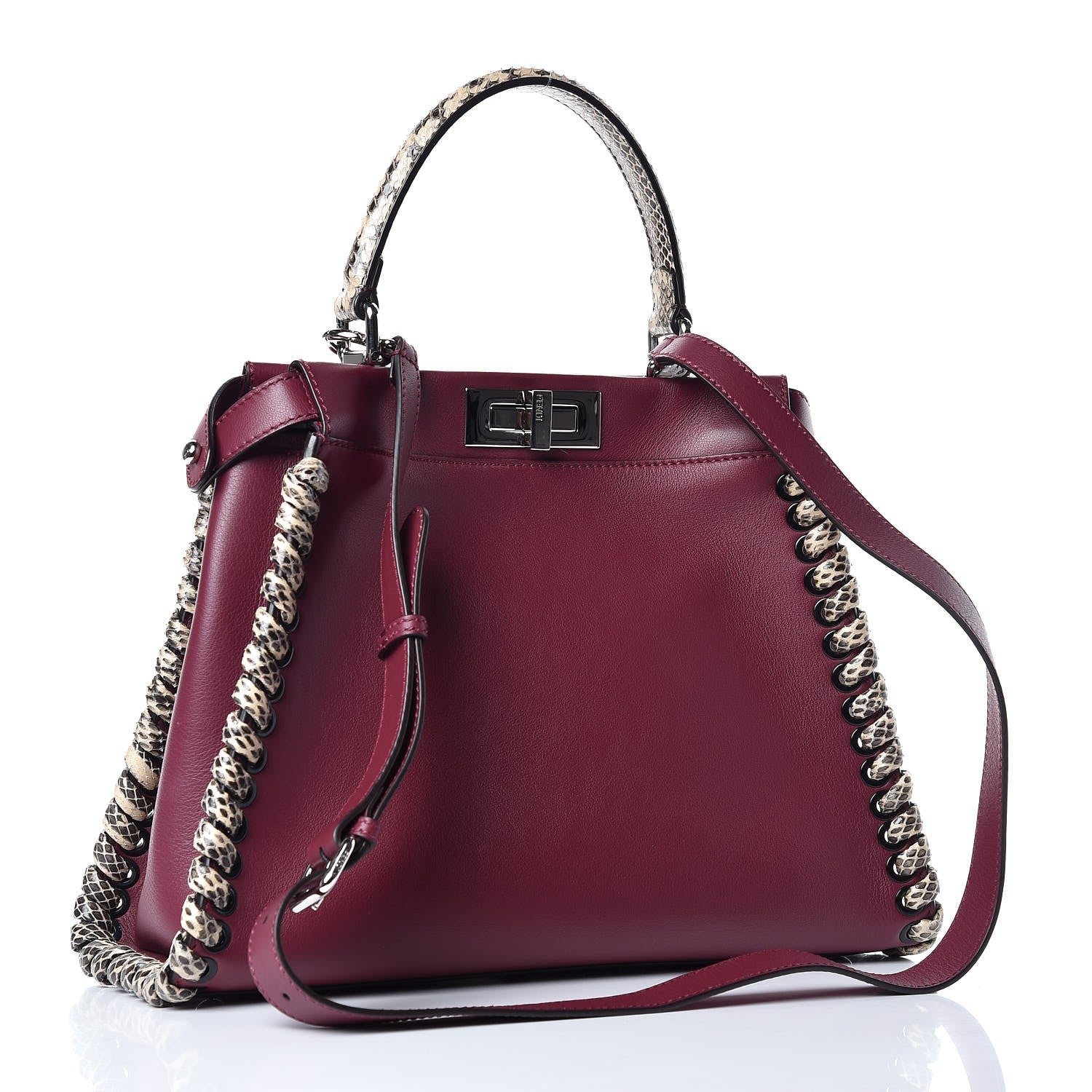 Fendi Calfskin Elaphe Lace Up Medium Peekaboo Iconic Satchel Bordeaux Beige Verde 4 of 9
