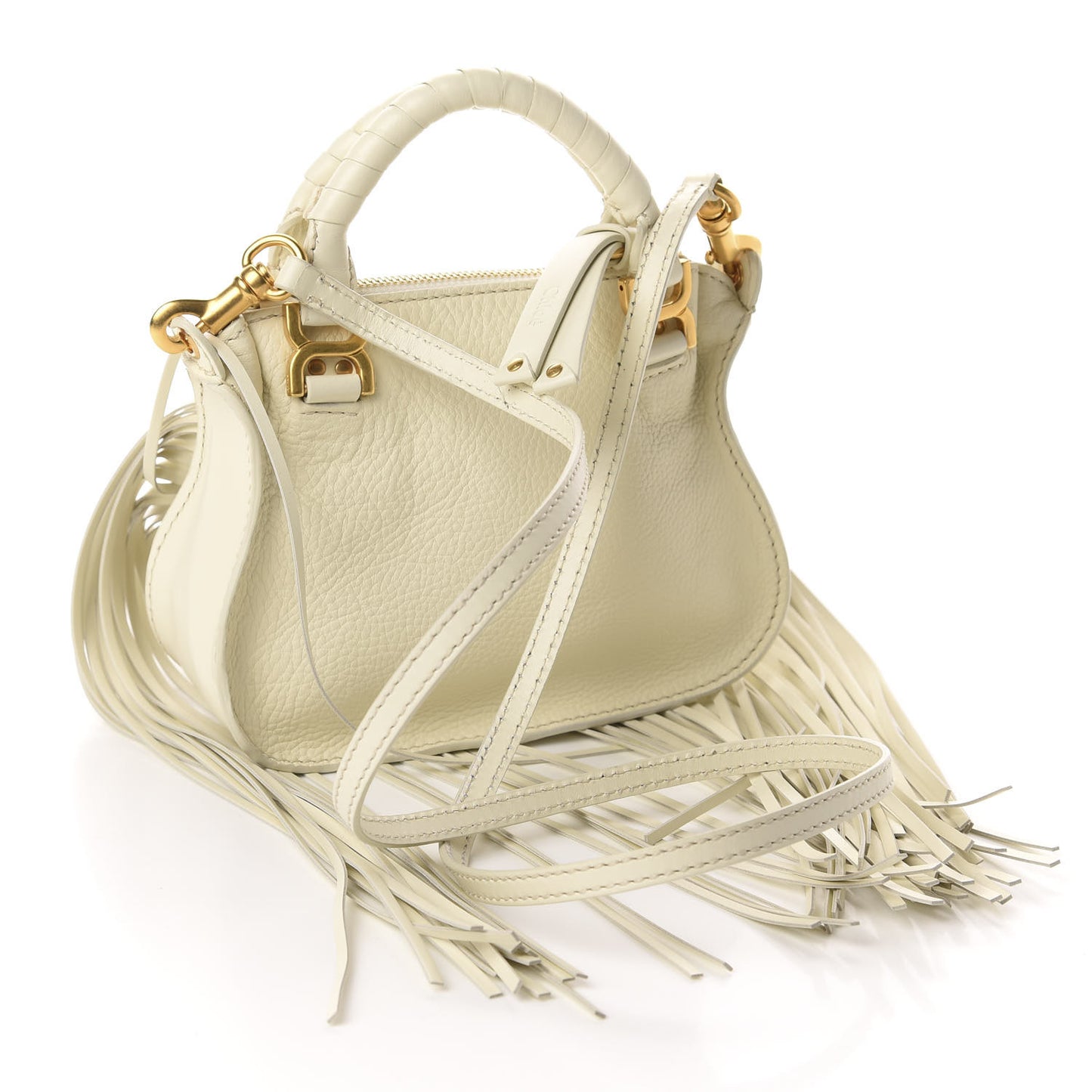 Shiny Small Grain Calfskin Mini Marcie Multi Fringe Satchel Natural White