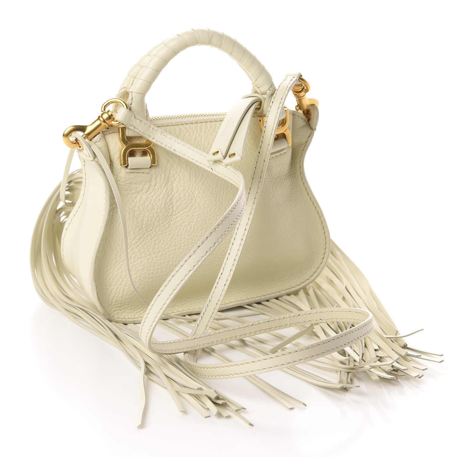 Chloe Shiny Small Grain Calfskin Mini Marcie Multi Fringe Satchel Natural White 3 of 11