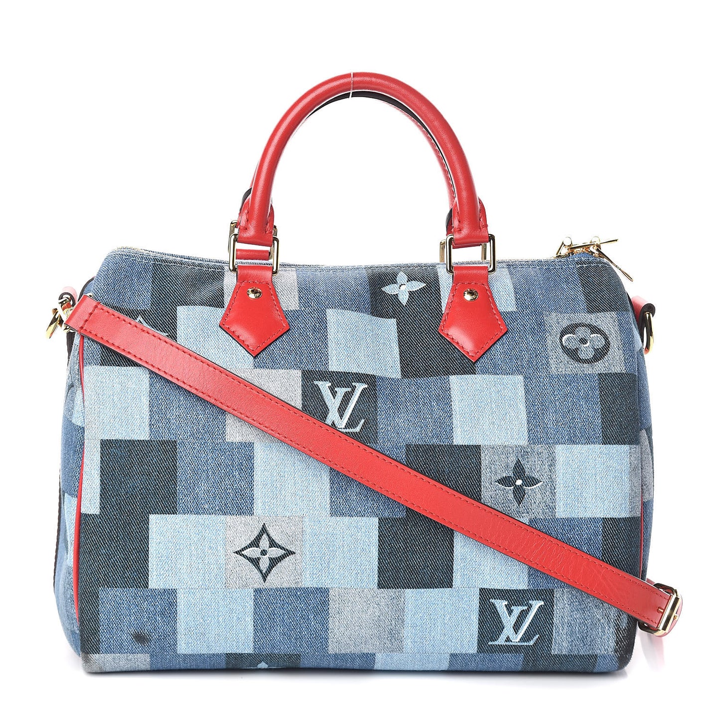 Denim Damier Monogram Patchwork Speedy Bandouliere 30 Blue Rouge