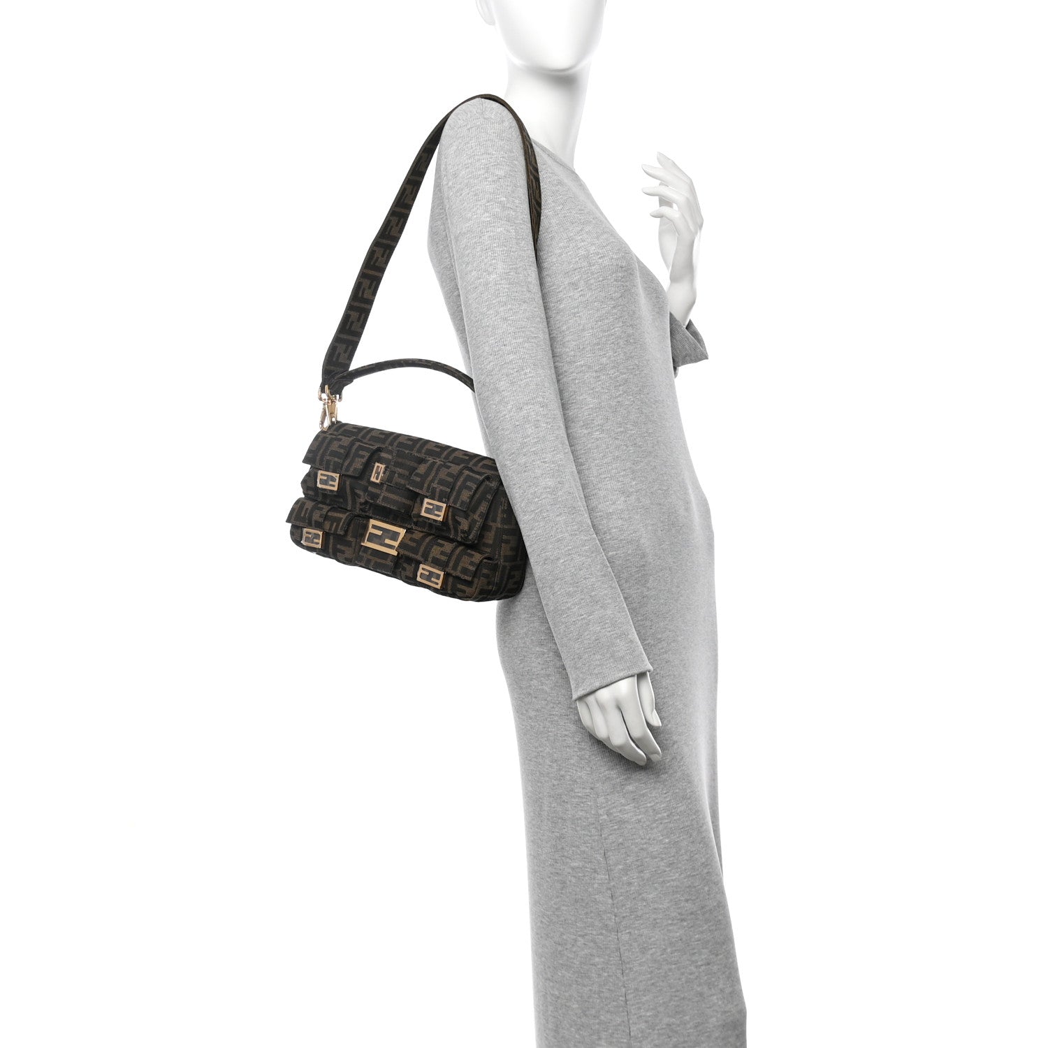 Fendi Fabric Jacquard FF 1974 Multipocket Baguette Tobacco Moro