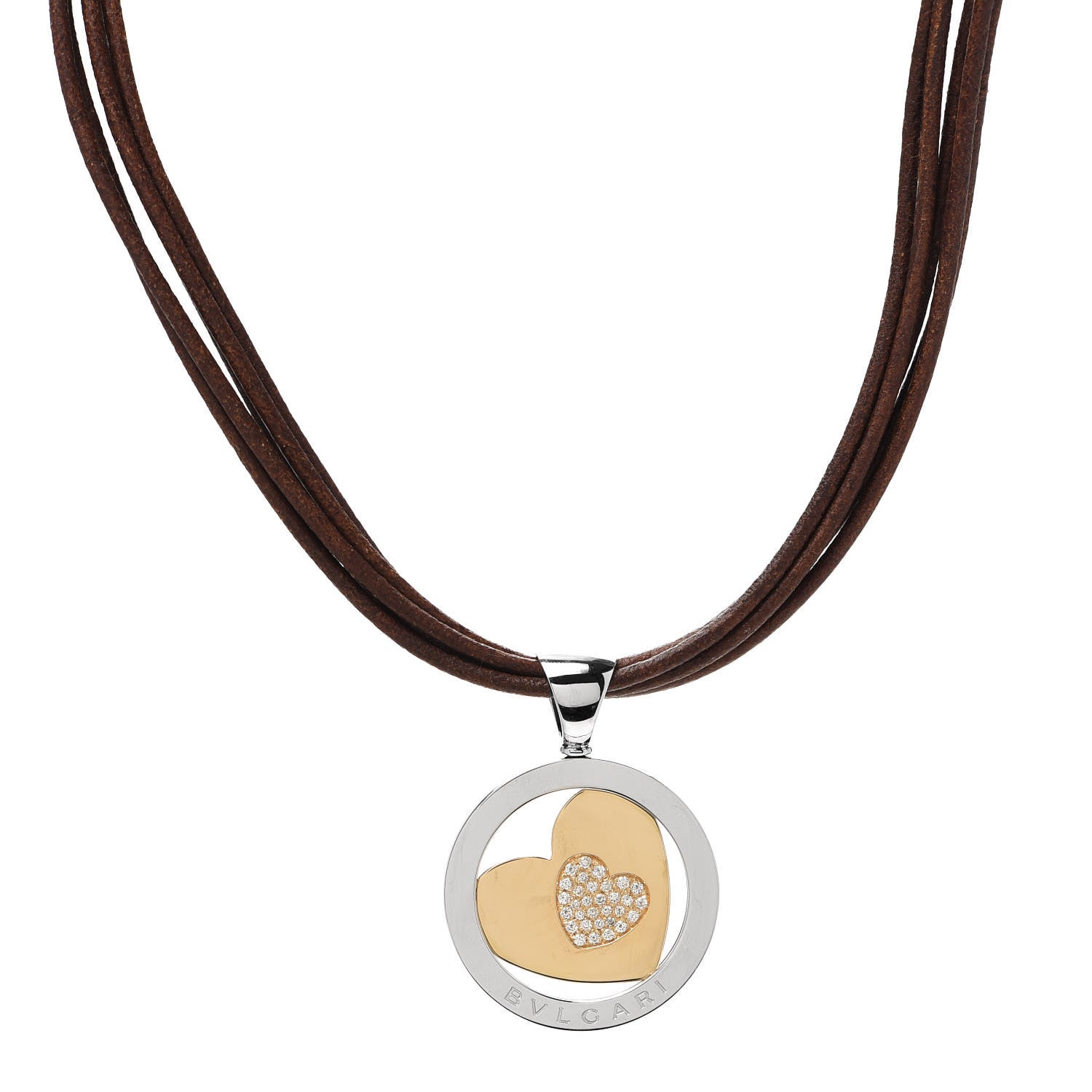Bulgari Stainless Steel 18K Yellow Gold Diamond Tondo Heart Pendant Necklace 1 of 4