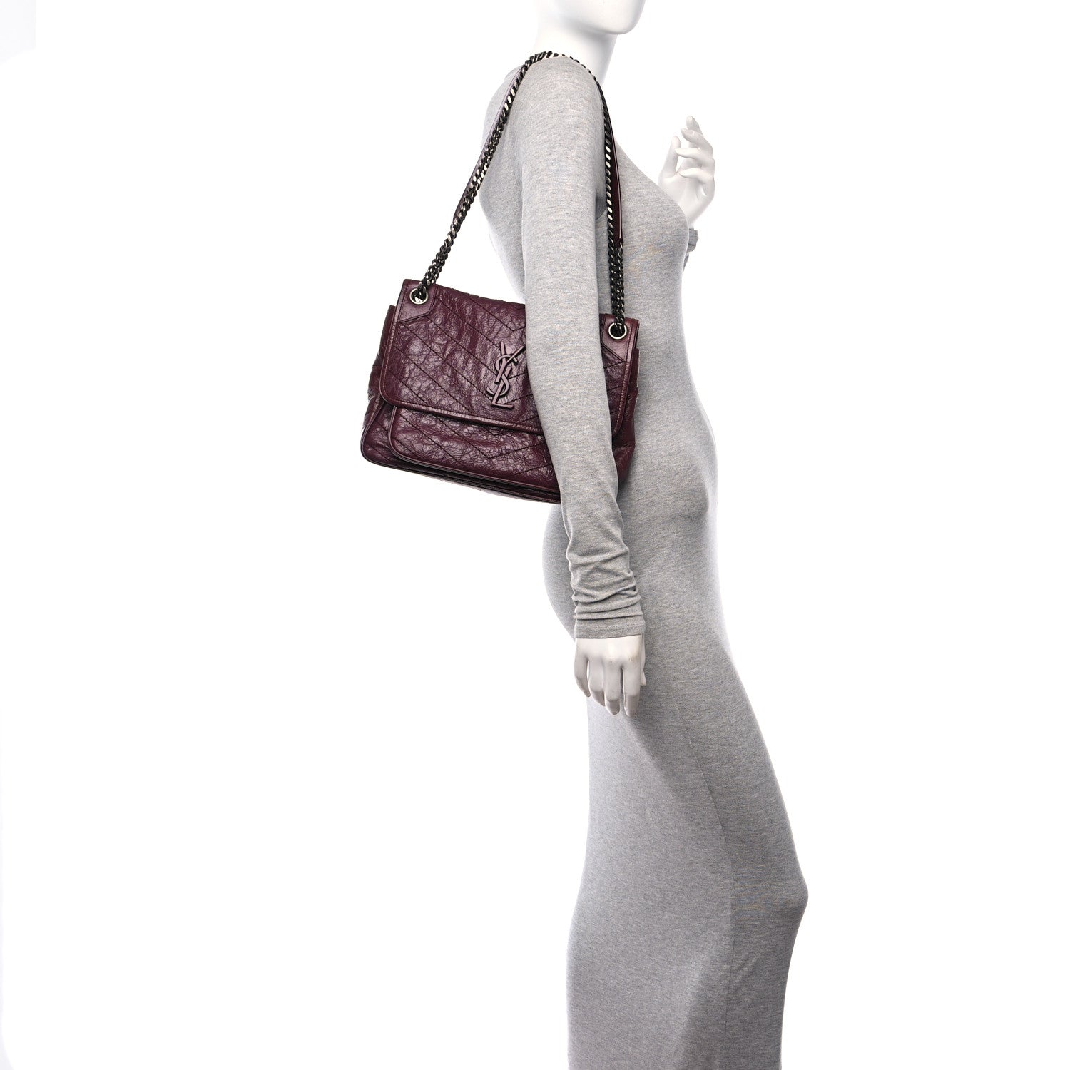 Saint Laurent Crinkled Calfskin Matelasse Monogram Medium Niki Chain Satchel Rouge Legion 2 of 11