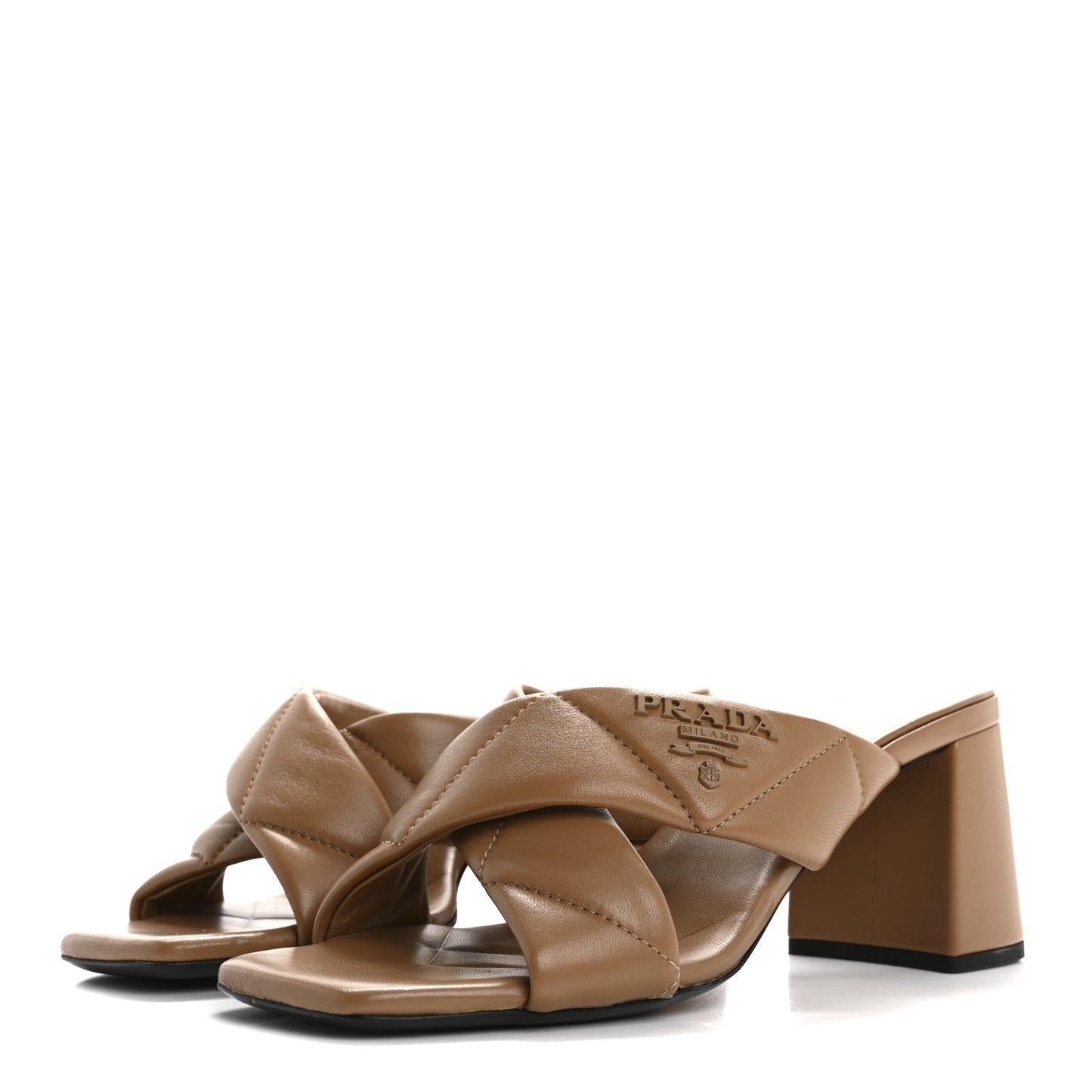 Nappa Logo Quilted Crisscross 65mm Block Heel Slide Sandals 37 Brown