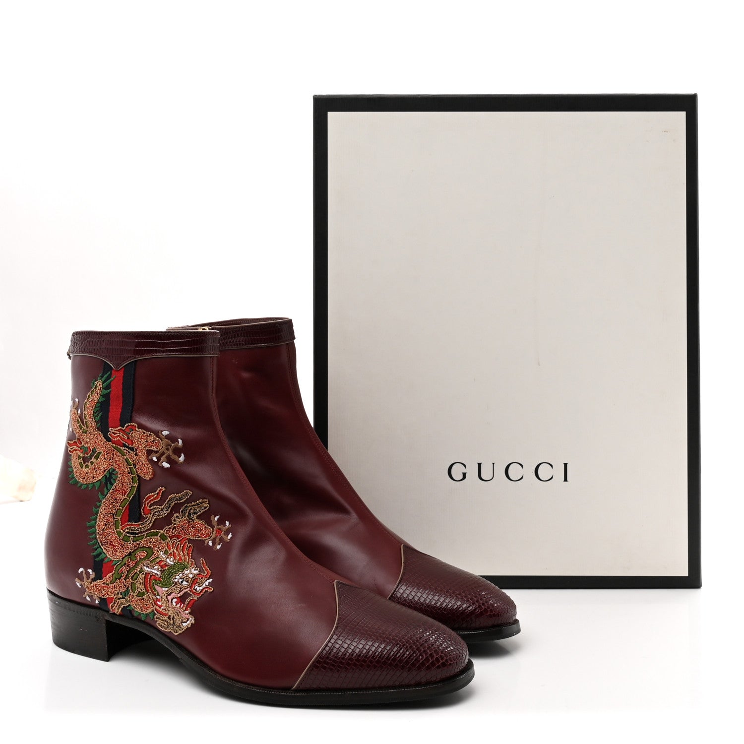 Gucci Calfskin Malaga Kid Lizard Web Dragon Embroidered Ankle Boots 8.5 Bordeaux 10 of 10