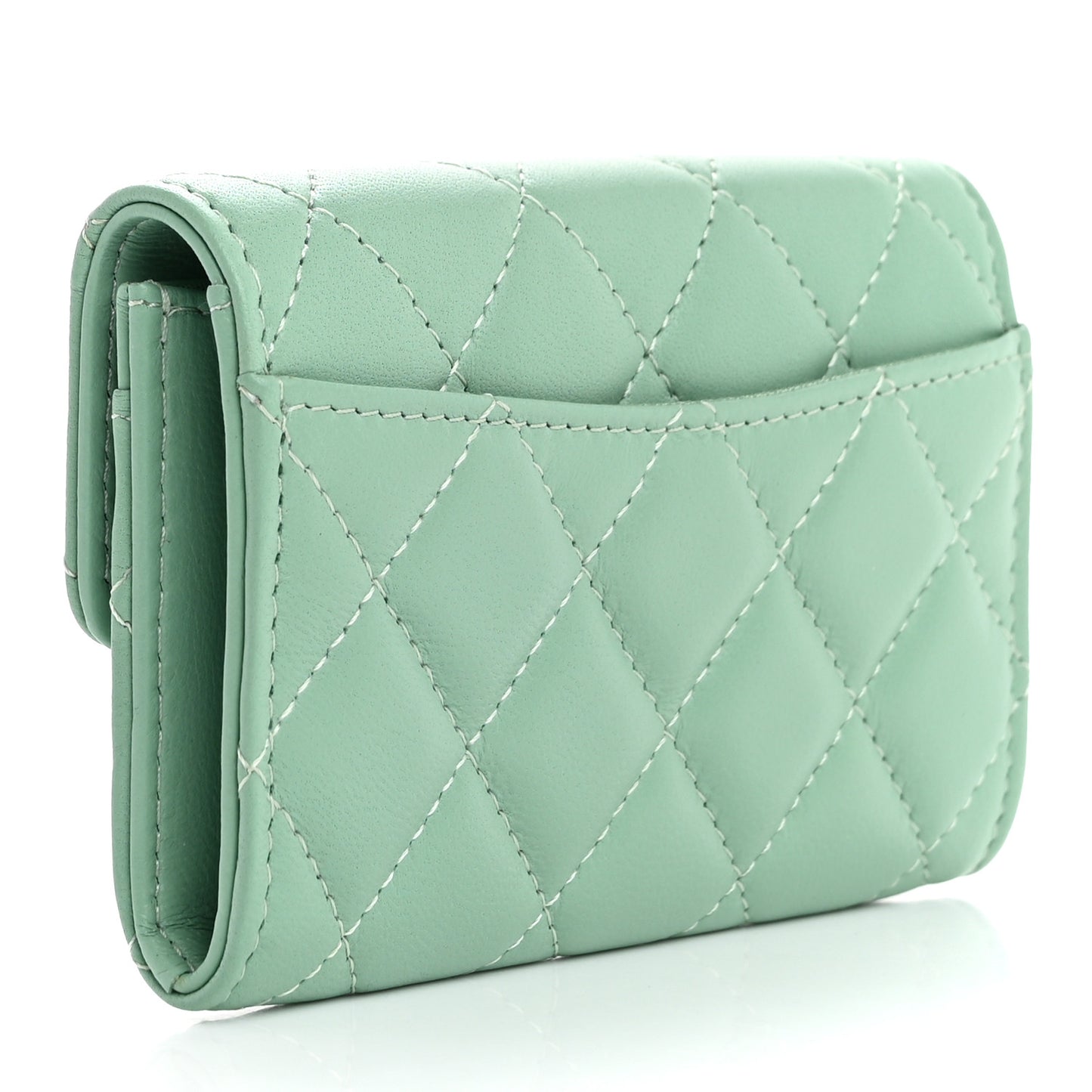 Lambskin Quilted Flap Card Holder Wallet Green