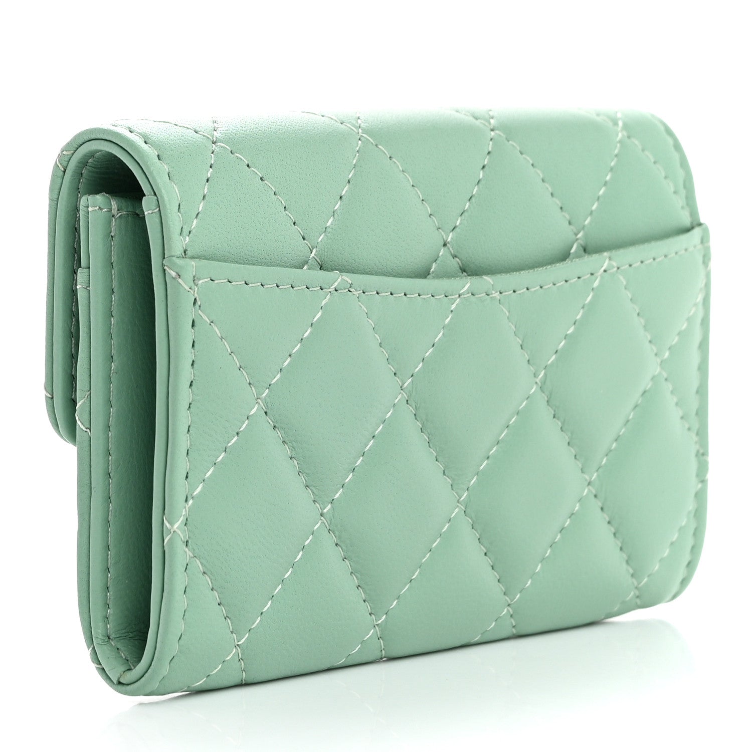 Chanel Lambskin Quilted Flap Card Holder Wallet Green 3 of 9