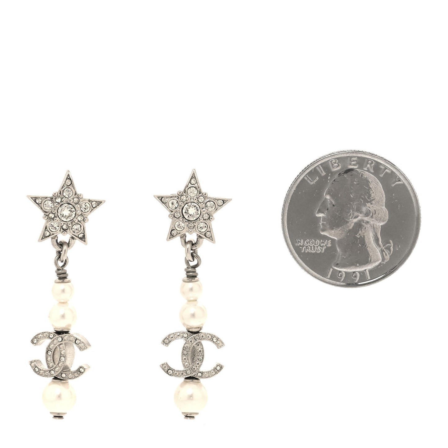 Crystal Pearl CC Star Drop Earrings Silver