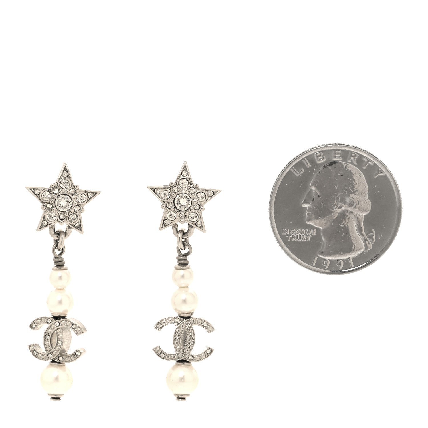 Chanel Crystal Pearl CC Star Drop Earrings Silver 2 of 4