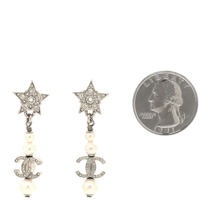 Chanel Crystal Pearl CC Star Drop Earrings Silver 2 of 4