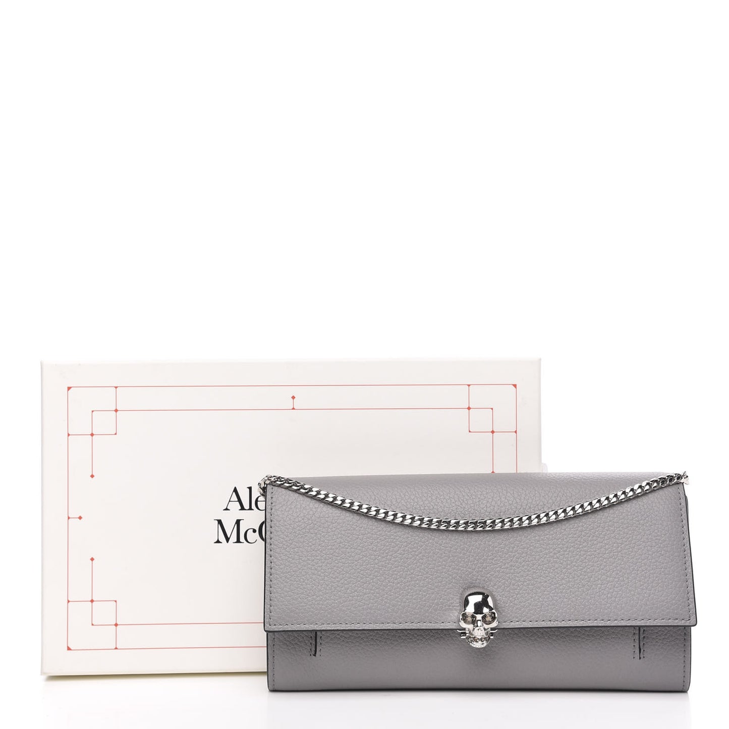Pebbled Calfskin Skull Wallet on Chain Grey