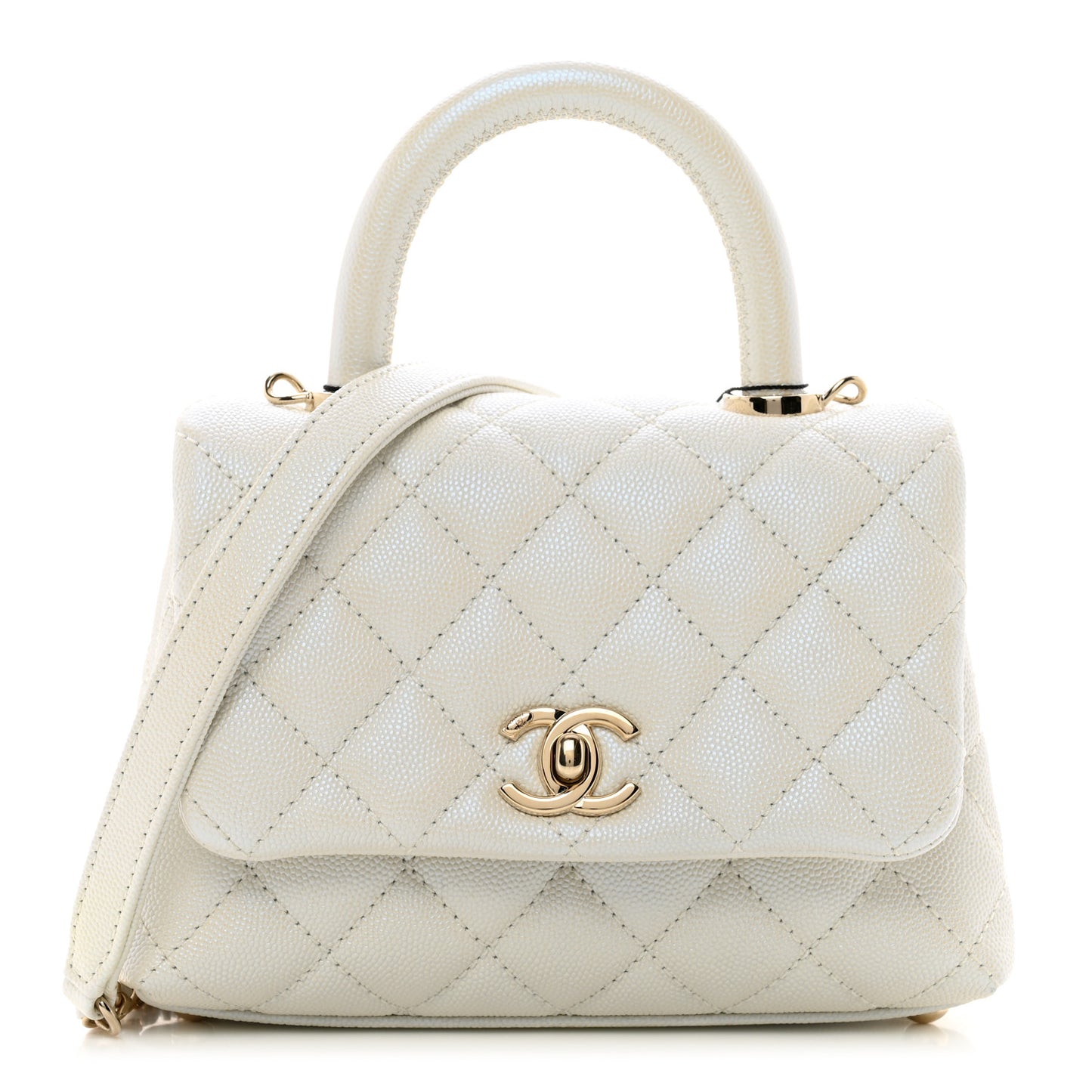 Iridescent Caviar Quilted Extra Mini Coco Handle Flap White