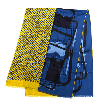 Hermes Cashmere Silk Imprimeur Fou Camails H Muffler Jaune Citron Mediterranee Indigo 2 of 3