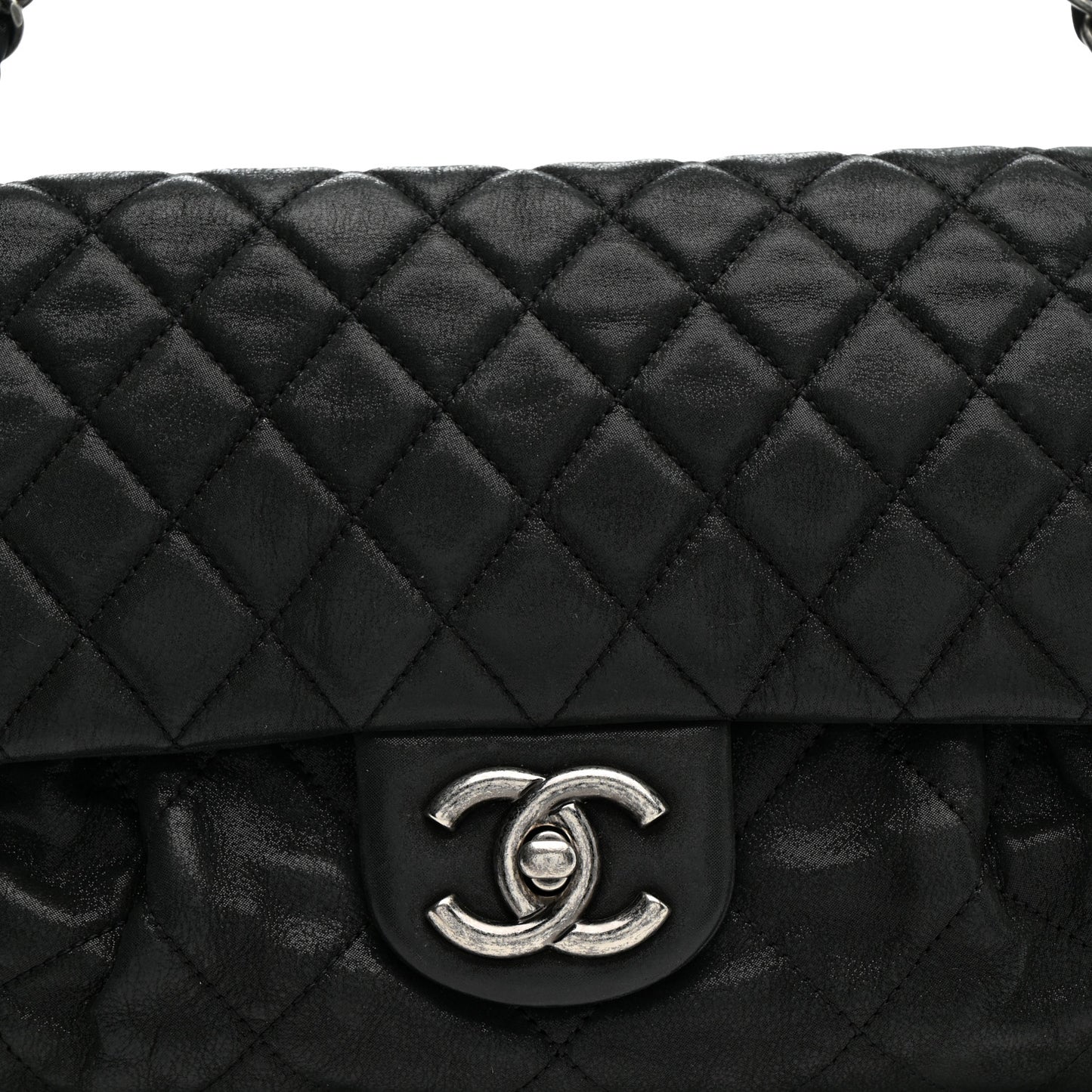Iridescent Calfskin Quilted East West Flap Black