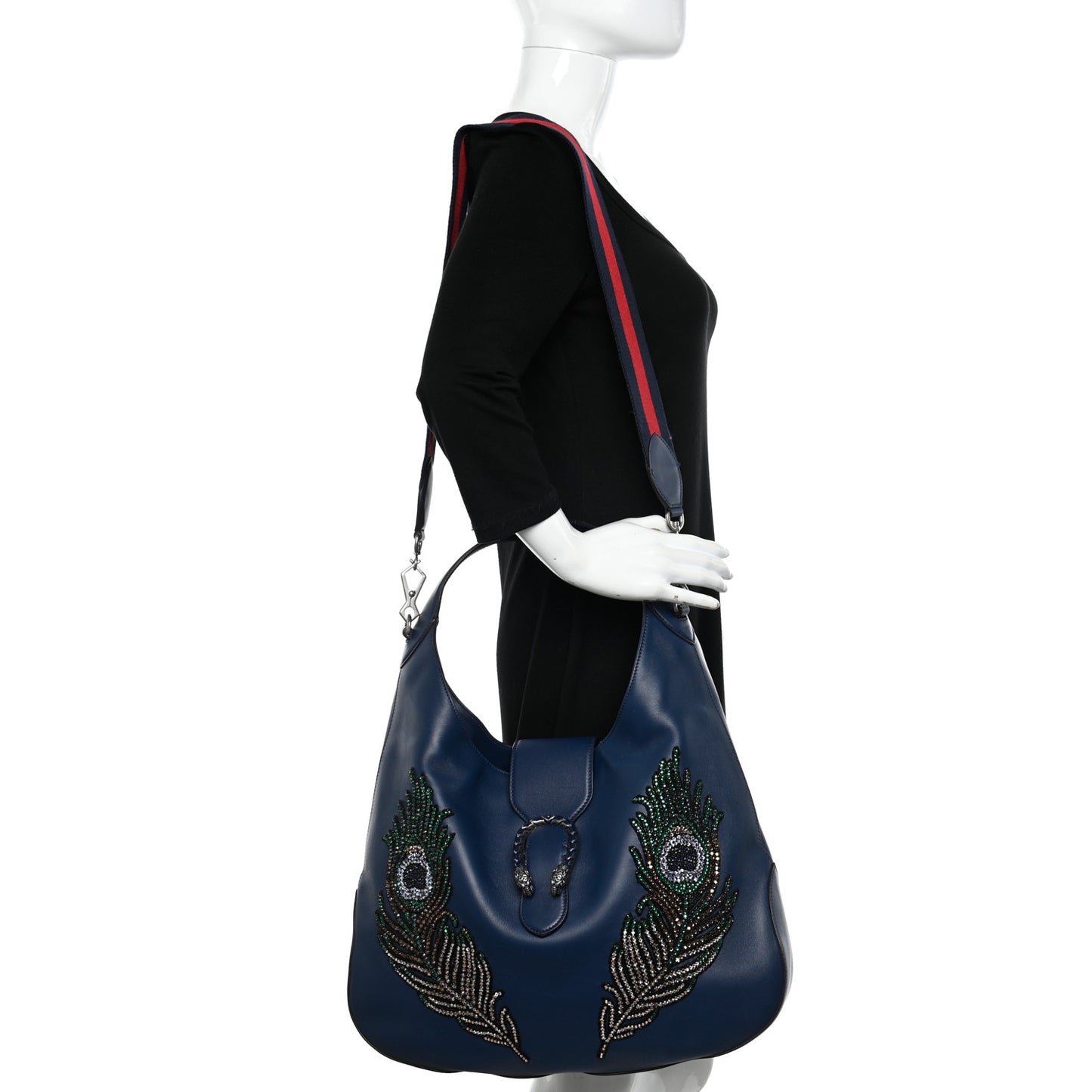 Calfskin Crystal Feather Embroidered Large Dionysus Hobo Dark Blue