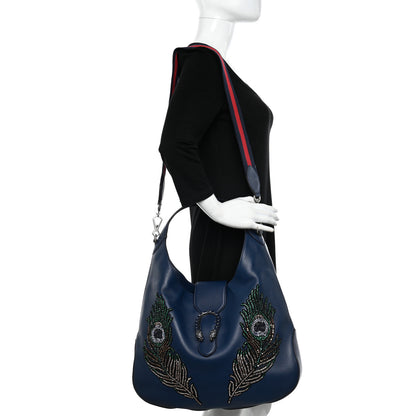 Gucci Calfskin Crystal Feather Embroidered Large Dionysus Hobo Dark Blue 2 of 11
