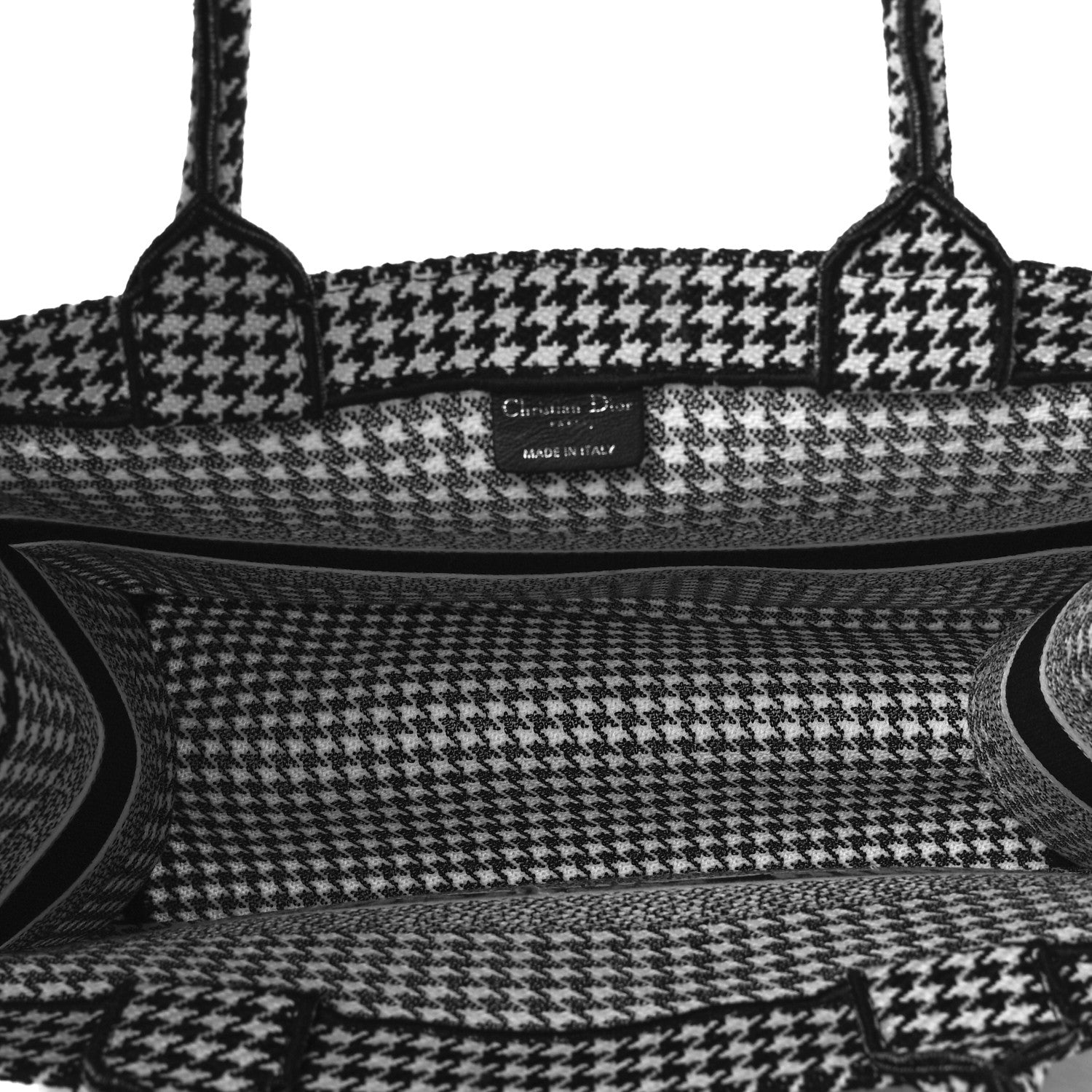 Christian Dior Canvas Houndstooth Embroidered Medium Book Tote Black White 5 of 8