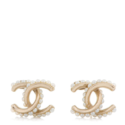 Chanel Pearl Twisted CC Earrings Light Gold White 1 of 5