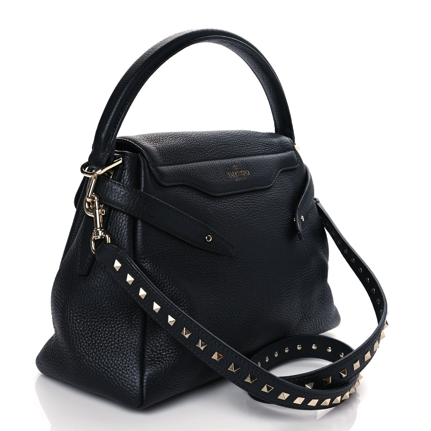 Grained Lagun Calfskin Rockstud Twiny Top Handle Bag Black