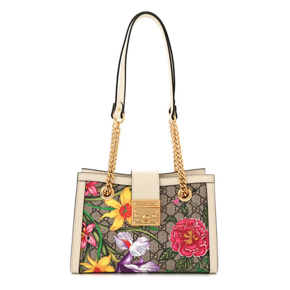 Gucci GG Supreme Monogram Flora Textured Calfskin Small Padlock Tote Beige Ebony Multicolor Mystic White 1 of 12