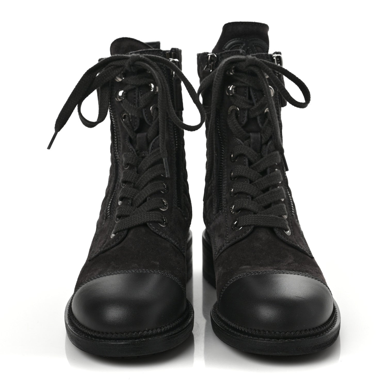 Chanel Suede Quilted CC Lace Up Combat Boots 38 Grey 2 of 6