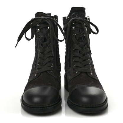 Chanel Suede Quilted CC Lace Up Combat Boots 38 Grey 2 of 6