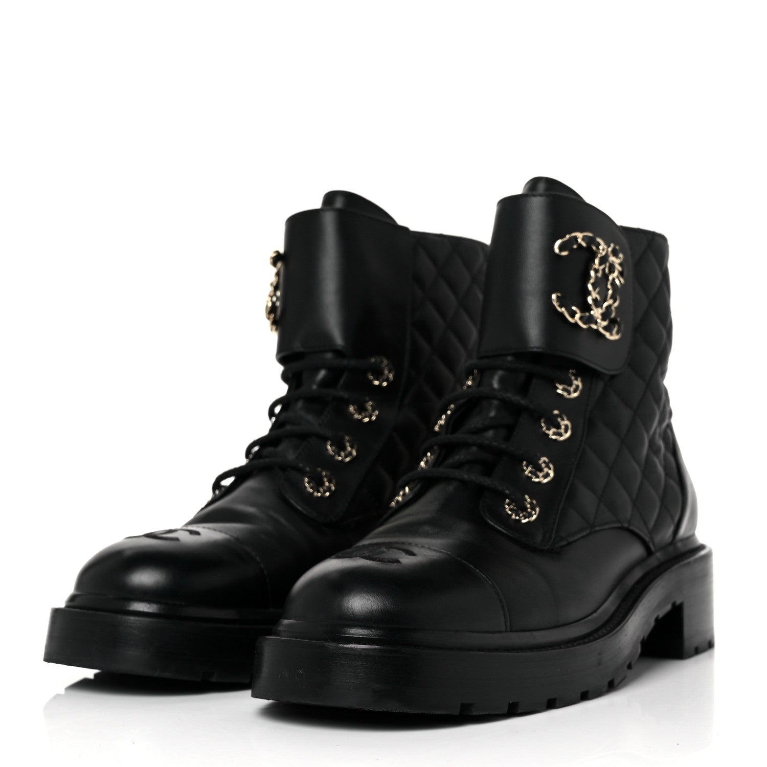 Chanel Lambskin Calfskin Quilted Lace Up Combat Boots 39.5 Black 5 of 16