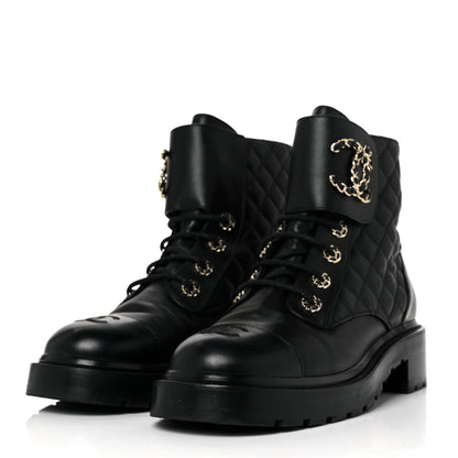 Chanel Lambskin Calfskin Quilted Lace Up Combat Boots 39.5 Black 5 of 16
