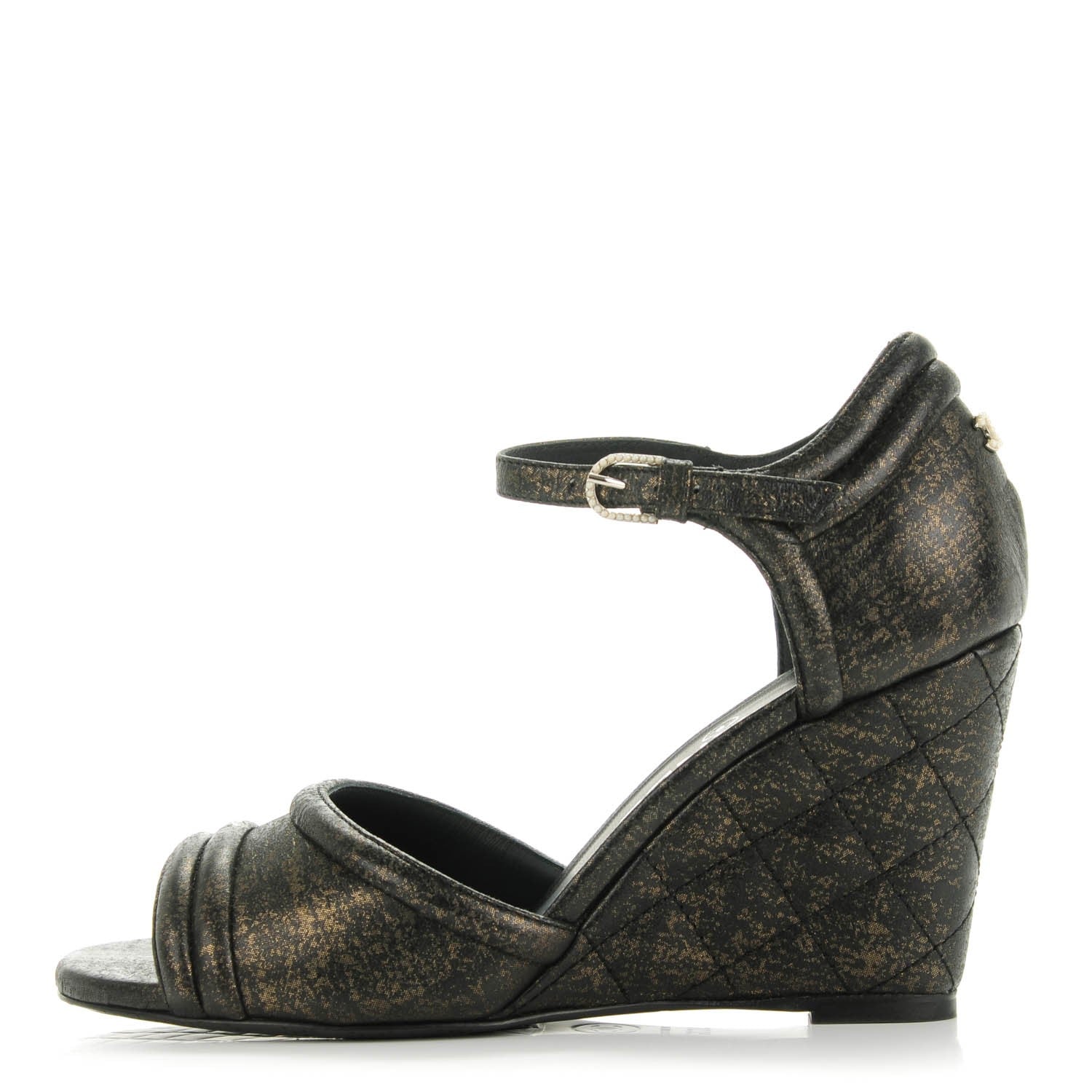 Chanel Lambskin Quilted Fantasy Wedge Sandals 36.5 Black Gold 1 of 8