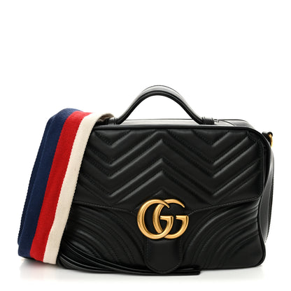Gucci Calfskin Matelasse Sylvie Web Small GG Marmont Top Handle Shoulder Bag Black 1 of 14