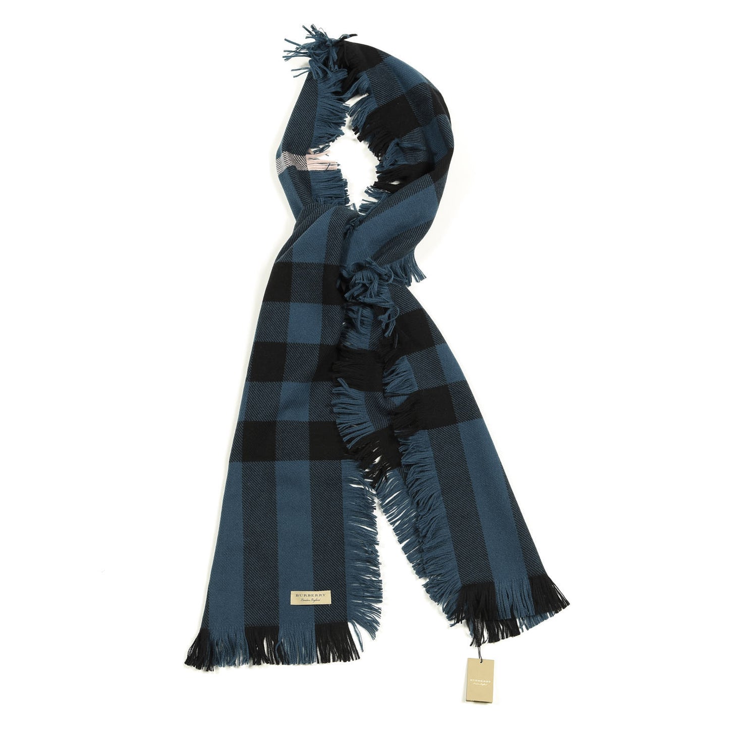 Wool Half Mega Check Fringe Scarf Steel Blue
